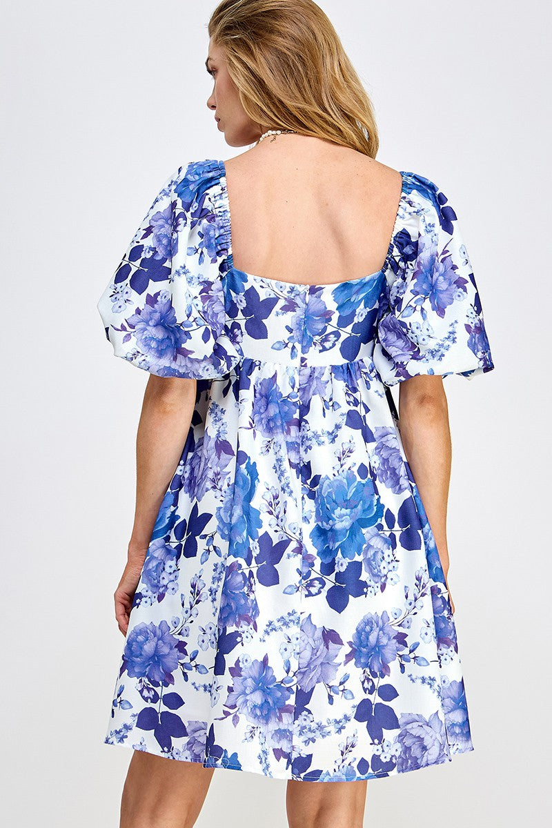 Blue and White Floral Babydoll Dress  Iris Rain Boutique
