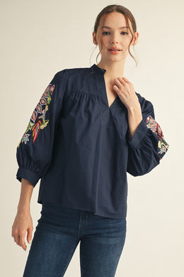 Navy Embroidered Top