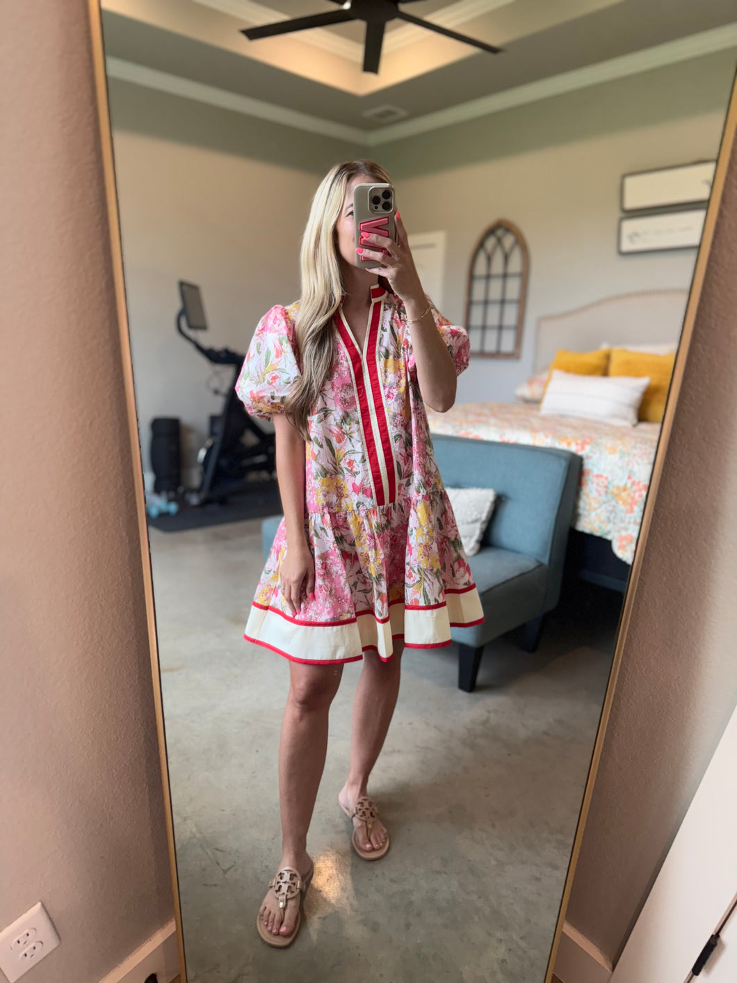 Red, pink, and Floral Dress