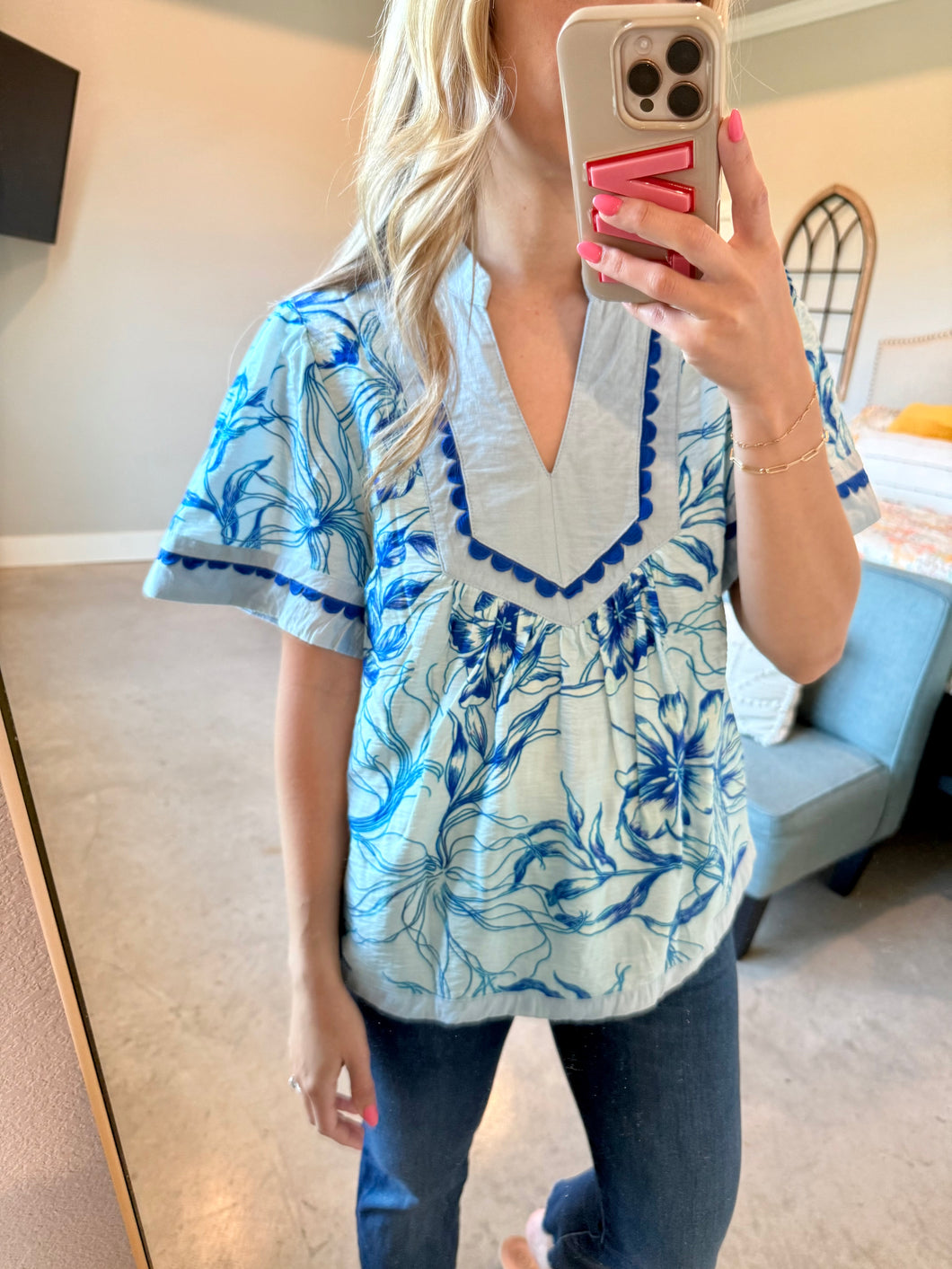 Blue Abstract Scalloped Top