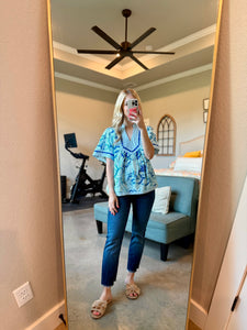 Blue Abstract Scalloped Top