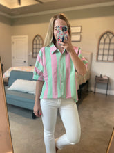 Load image into Gallery viewer, Green and Pink Striped Button Up