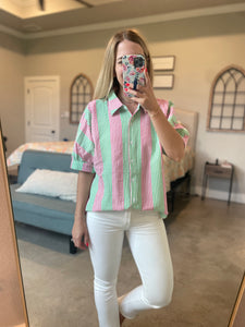 Green and Pink Striped Button Up