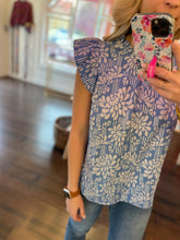 Load image into Gallery viewer, Blue Blooms Ruffle Top