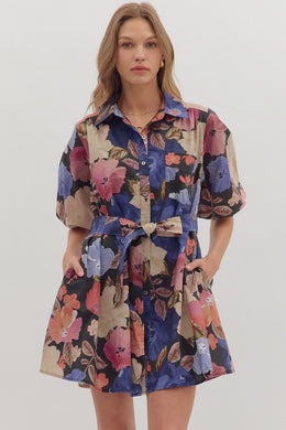 Deep Florals Belted Dress