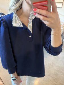 Navy Striped Collar Top