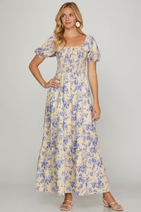 Blue Floral Smocked Maxi