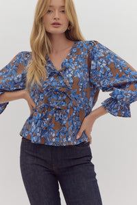 Blue Floral Bow Top