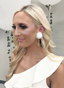 White Puff Crystal Hoops